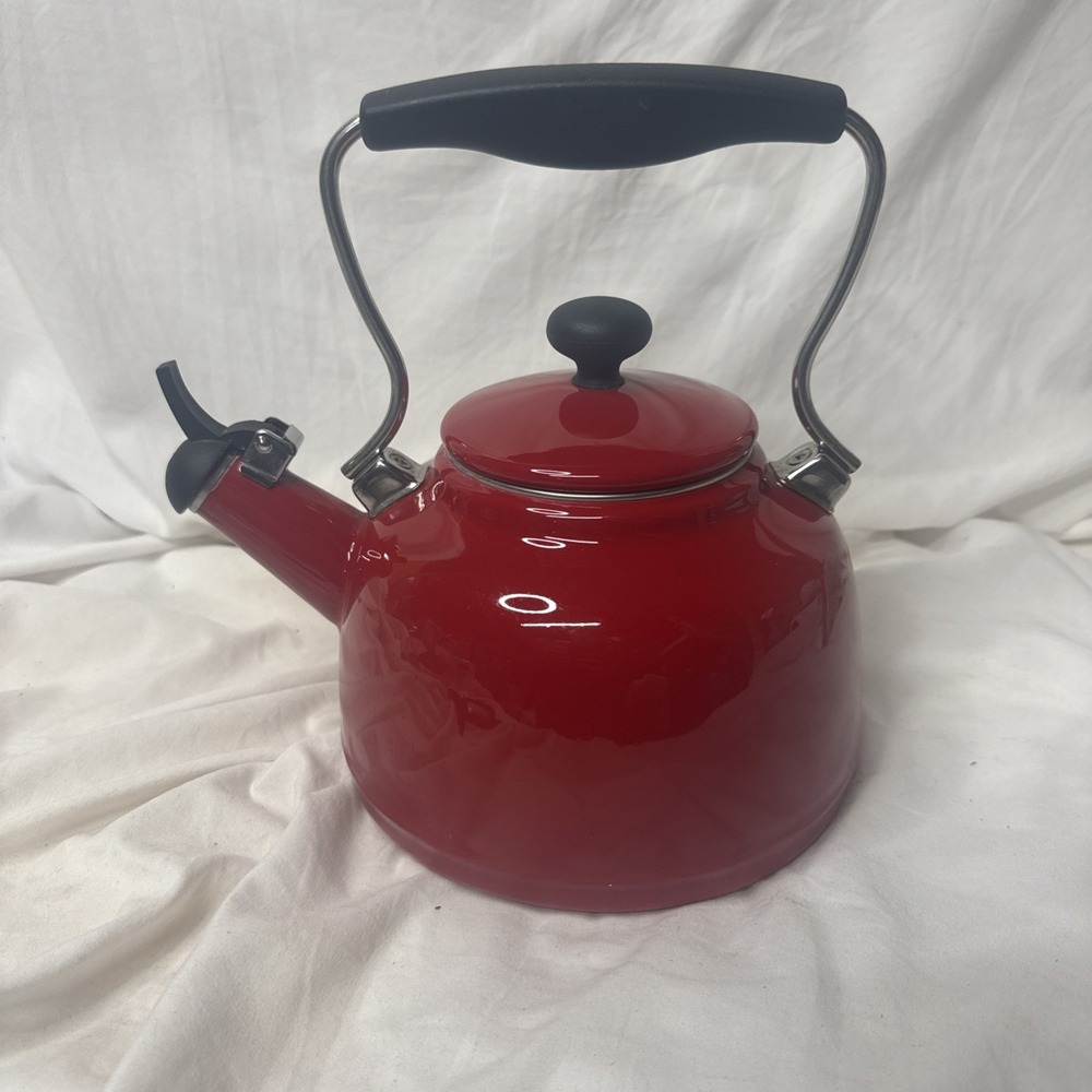 Chantal Vintage Red Enamel Steel Tea Pot Kettle Black Stay Cool Handle 1.7 QT